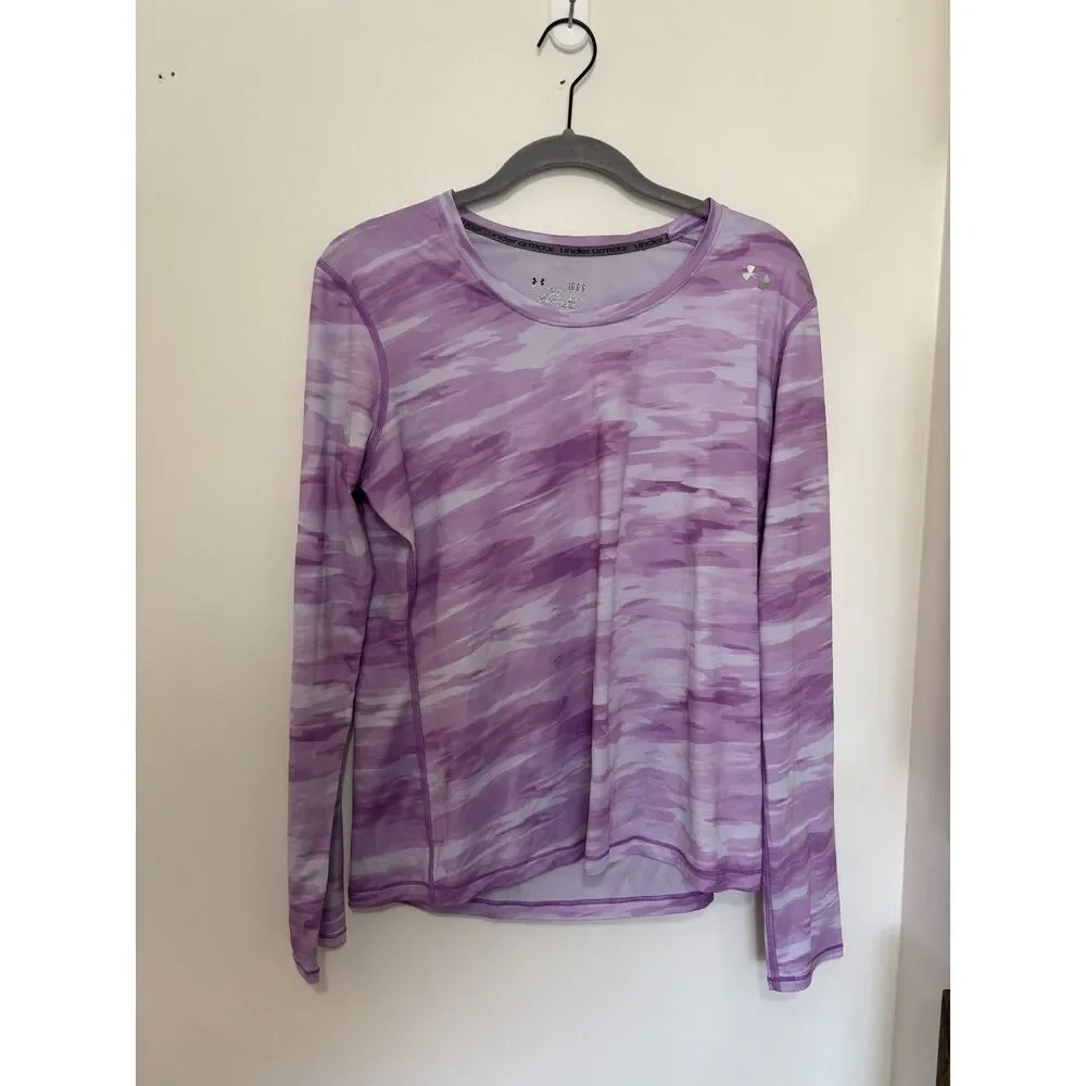 Under Armour HeatGear Purple Camo Long Sleeve Fitted Top Large Athleisure Sporty